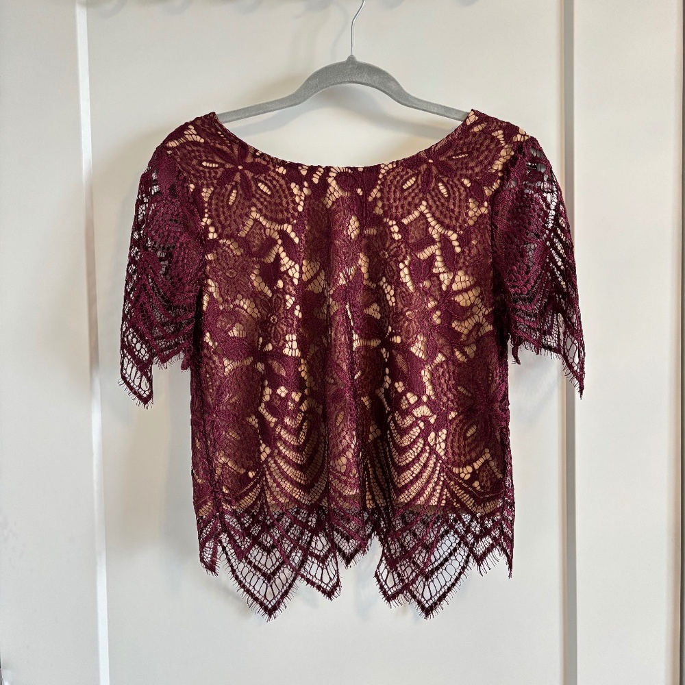 Express Burgundy Lace Overlay Crop Top Small